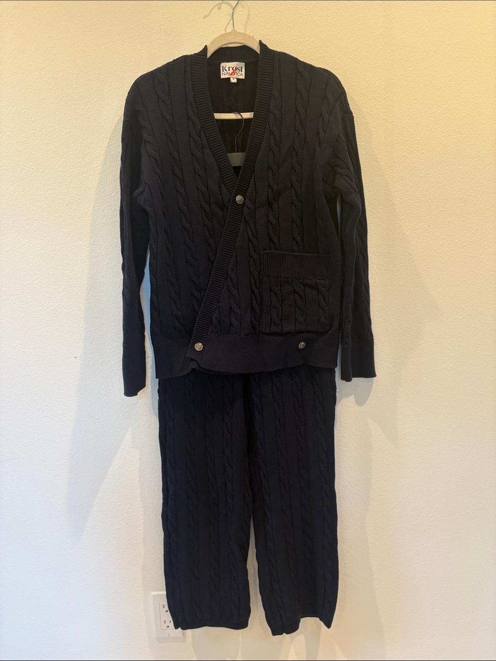 Krost ,  Navy Cable-Knit Cardigan and Knit Pants